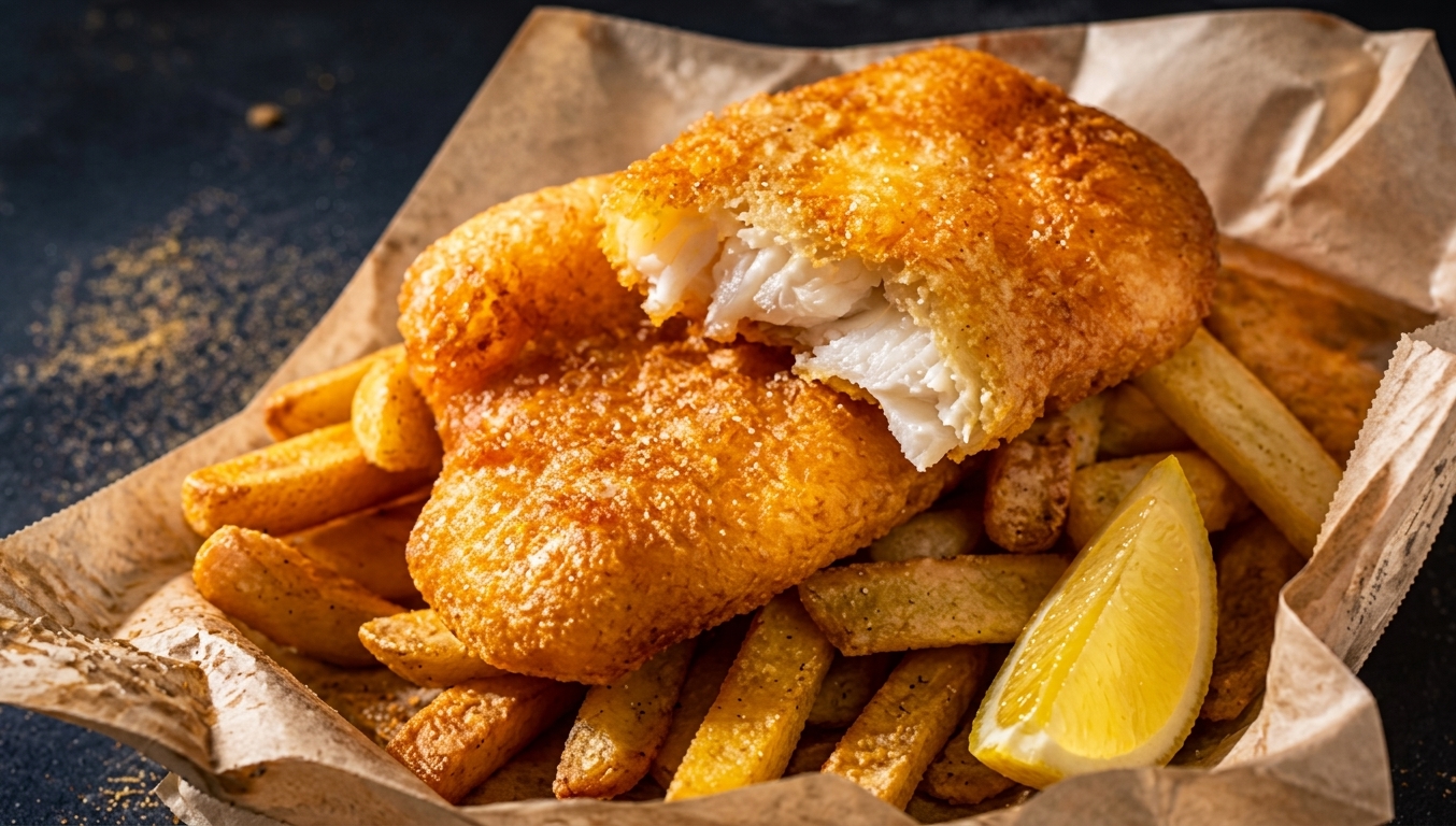 Golden crumbed fish fillets and crispy chips in a takeaway basket with a lemon wedge, freshly cooked at Lakeside Fish & Chips